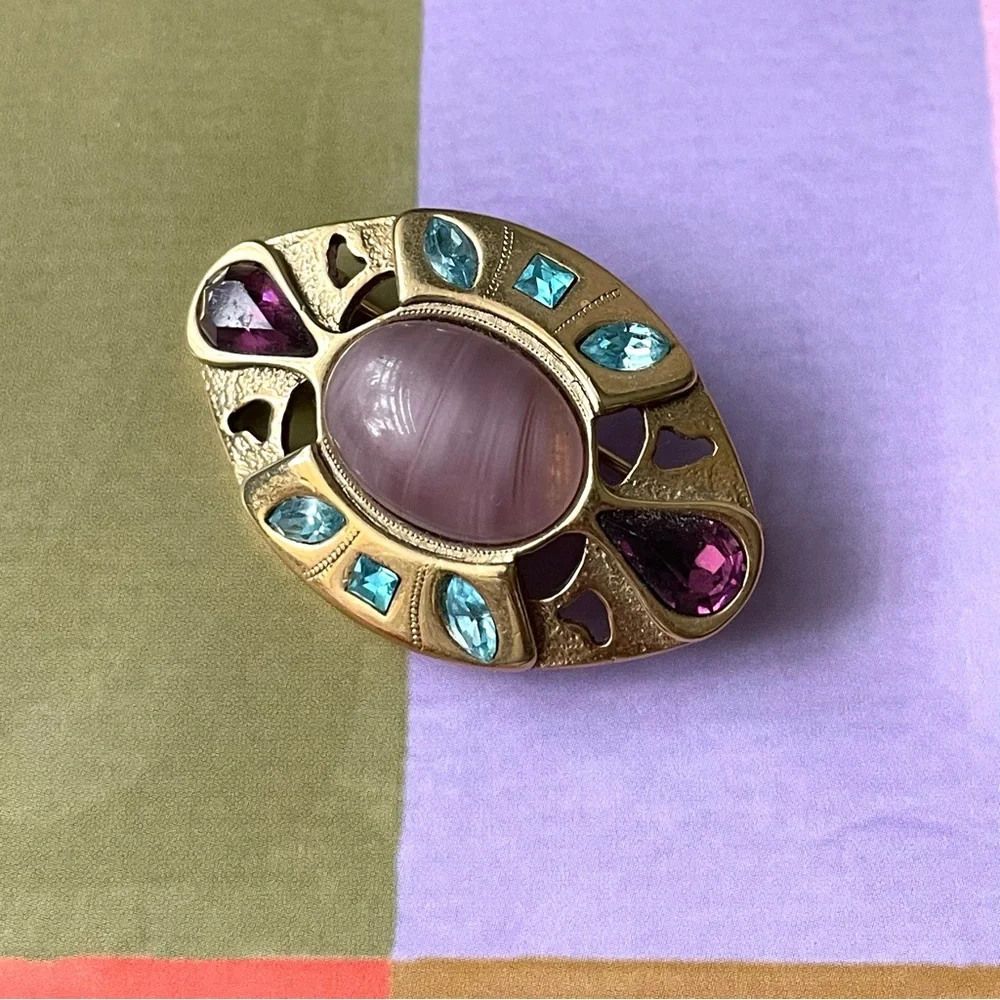 Vintage Gold-tone Brooch with Pink Center and Blue & Purple Accents